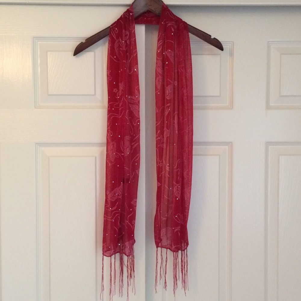 Sheer Deep Red Scarf with Leaf Motif and Gems